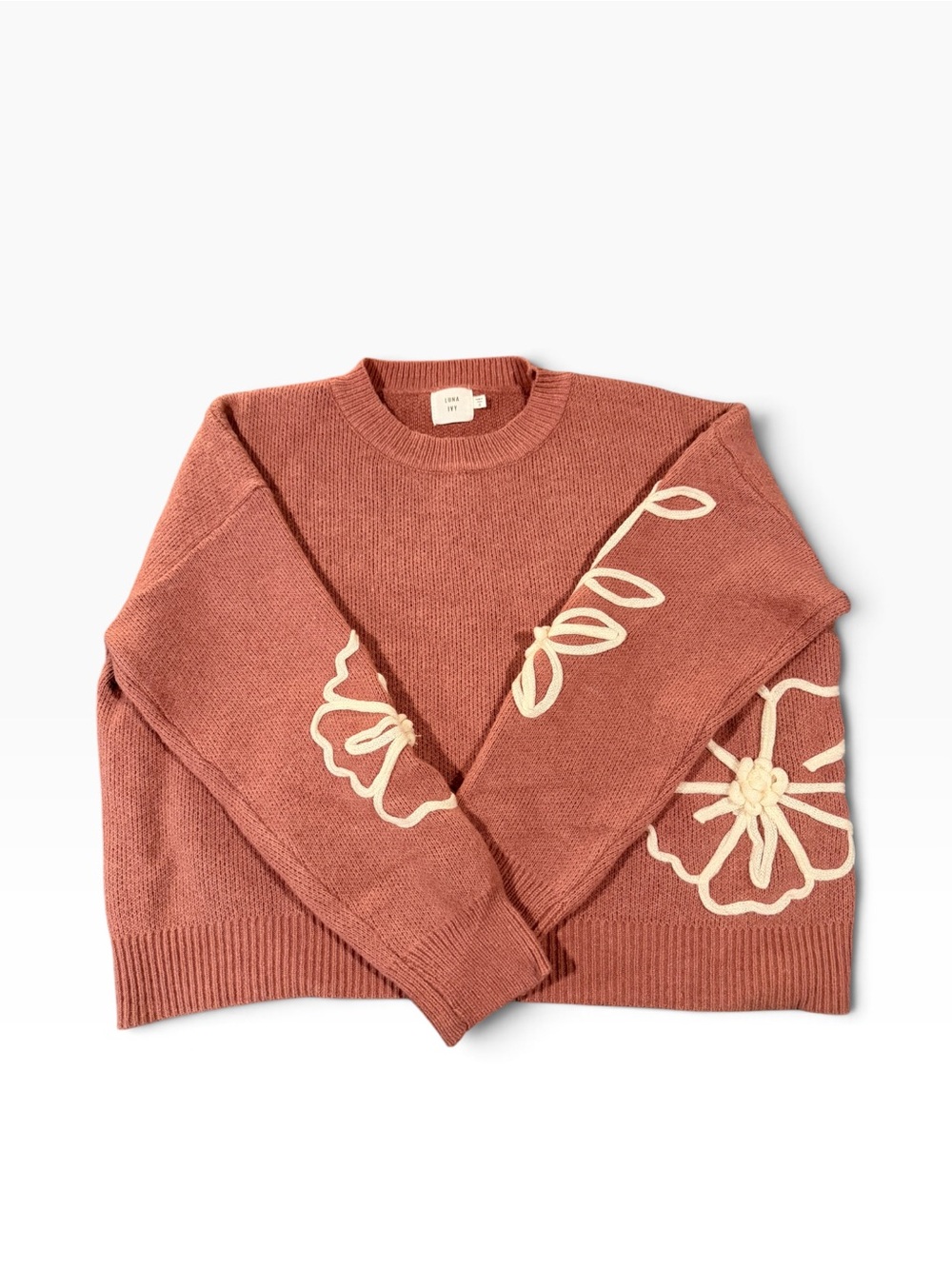 Luna Ivy Floral Embroidered Cropped Sweater Rose Pink 3D Knit Womens size Small